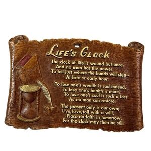 Vintage 70s Life's Clock Wall Plaque Poem Wood Resin Inspirational Rustic Decor